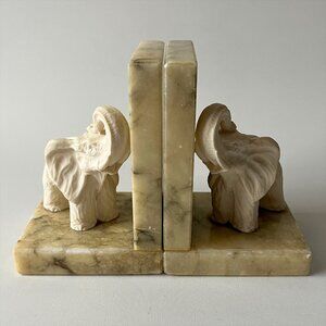Vintage Genuine Alabaster Elephant Bookends Pair Hand Carved Handmade Italy